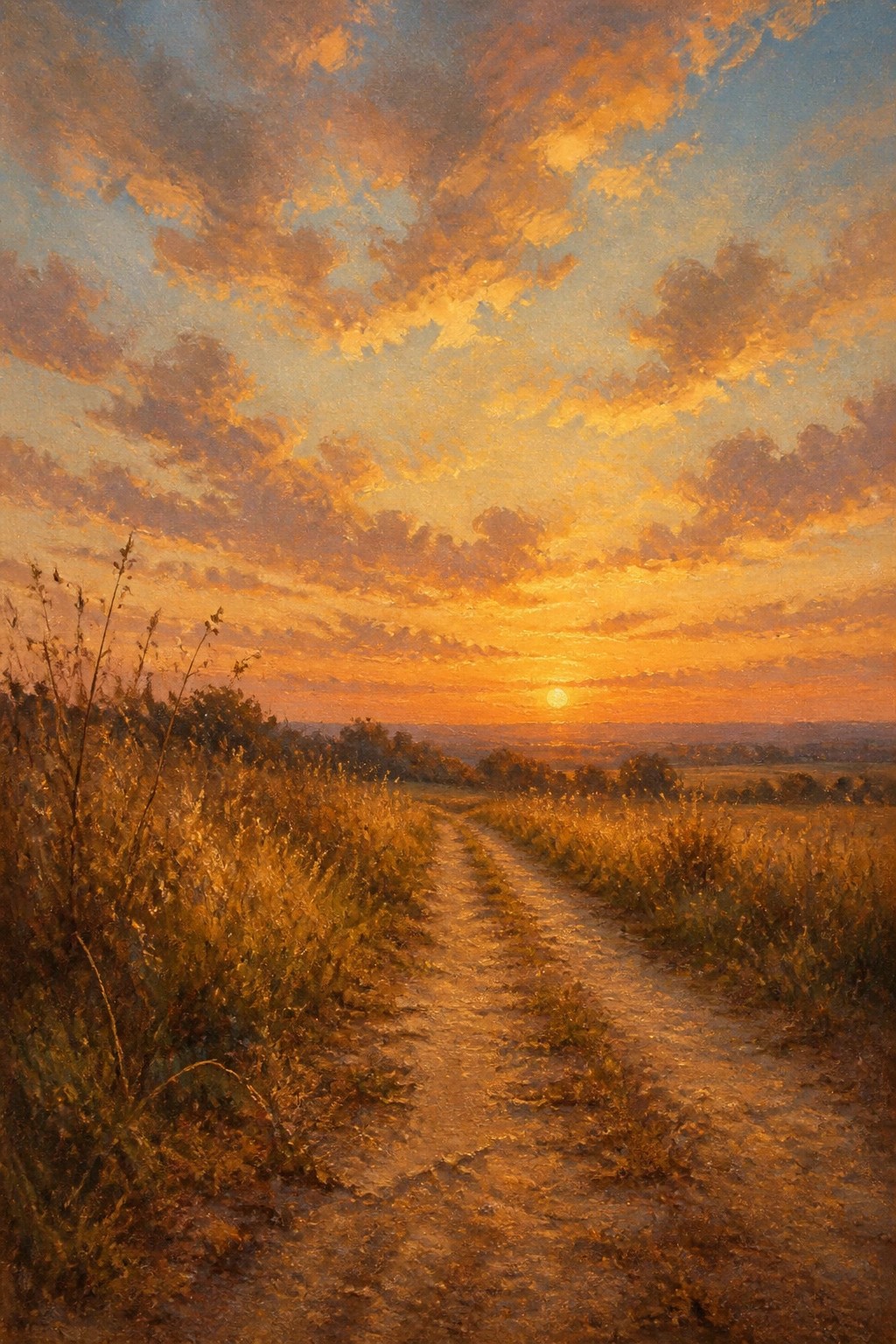 An oil painting of a dirt path through tall grass leading toward a setting sun beneath dramatic orange and blue clouds.