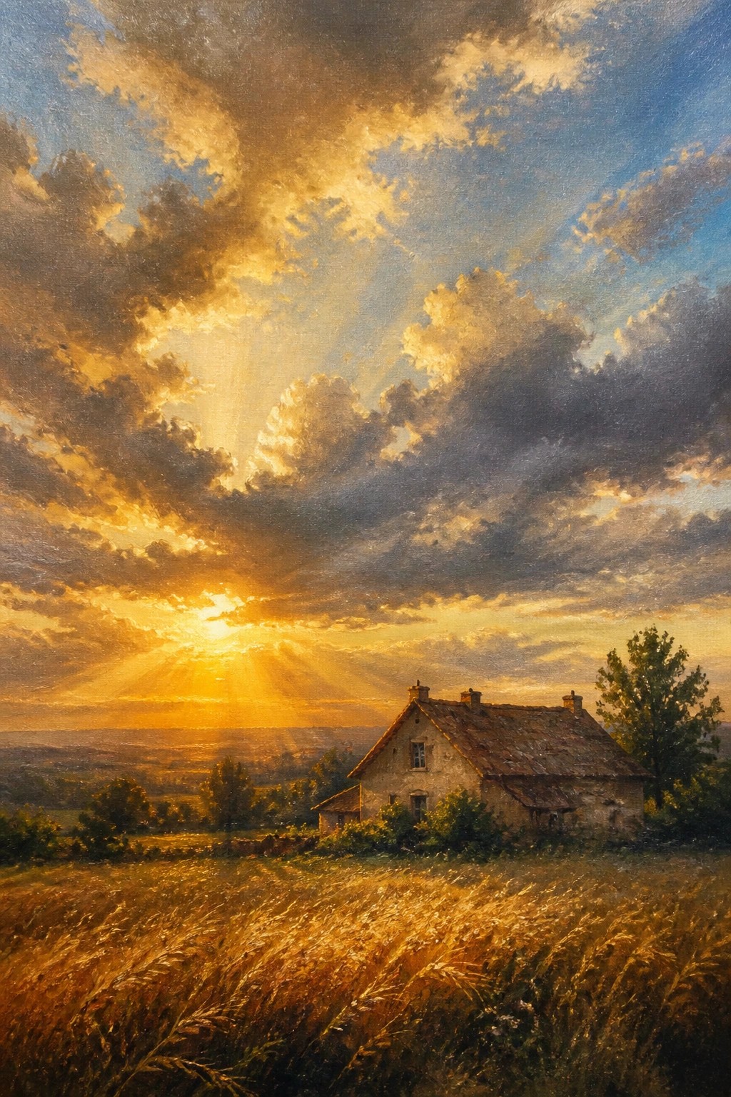 Rustic house in golden wheat field beneath dramatic sunset with radiant cloud-piercing rays.