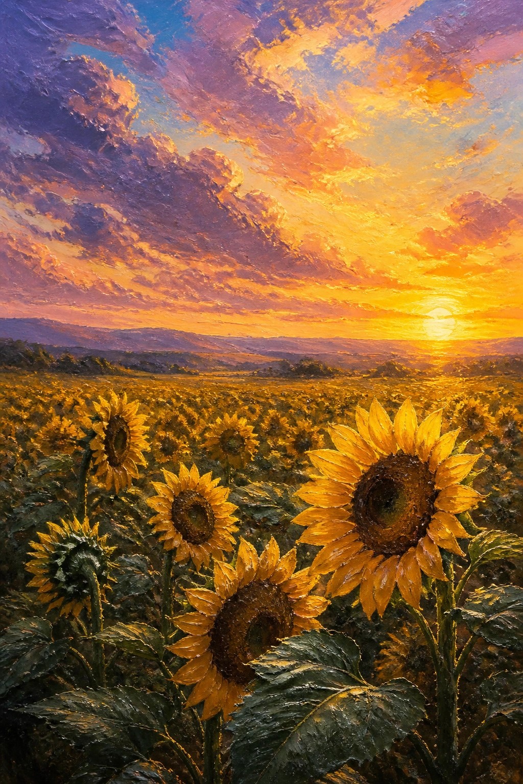 Golden sunflowers in a vast field under a vibrant purple-orange sunset sky