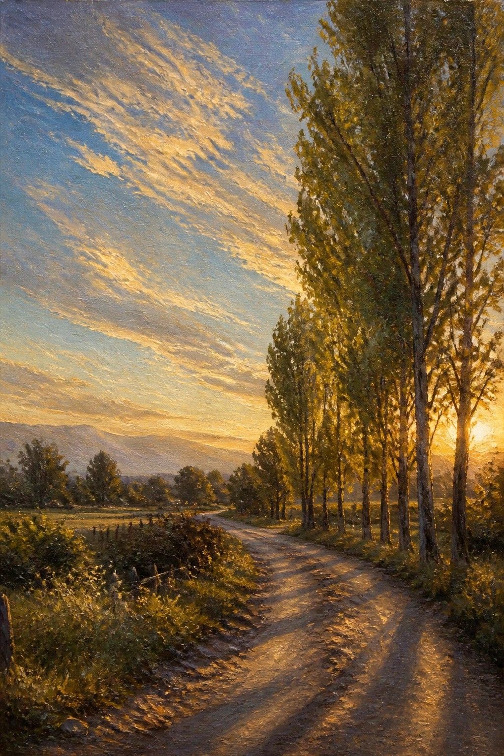 Sunset glows over a winding dirt road lined with tall trees and distant mountains.