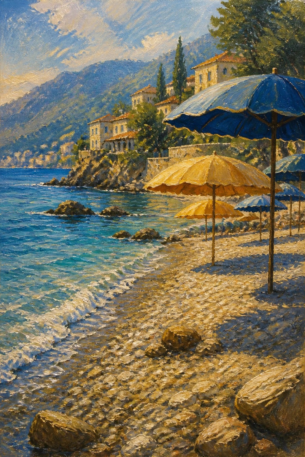 An oil painting of a pebble beach with yellow and blue umbrellas, gentle waves in blue water, and buildings on a hillside with mountains behind.