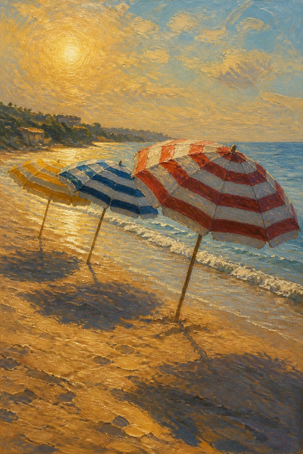 Three colorful striped umbrellas on sunny beach with ocean waves and golden sky