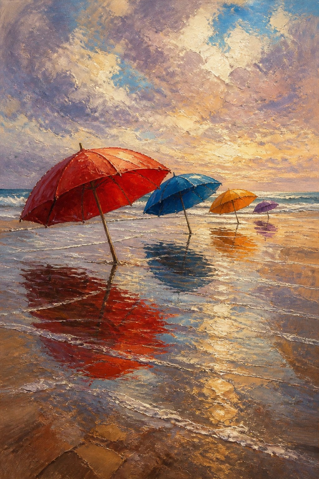 An oil painting shows several colorful beach umbrellas standing on wet sand with reflections, waves, and a cloudy sunset sky.