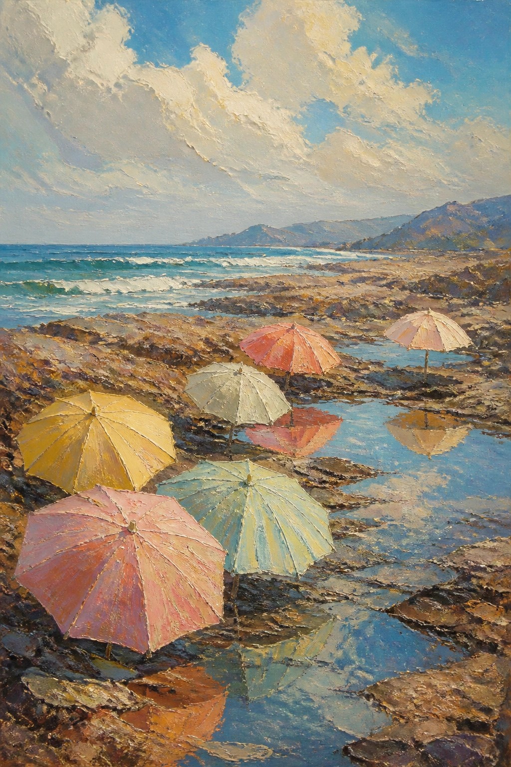 Colorful umbrellas on rocky beach reflecting in tide pools beside ocean waves
