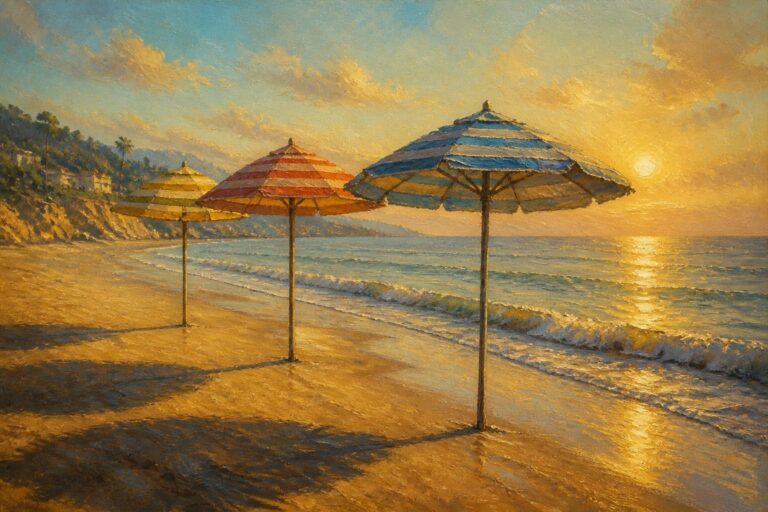 Three colorful striped umbrellas on sunny beach with ocean waves and golden sky