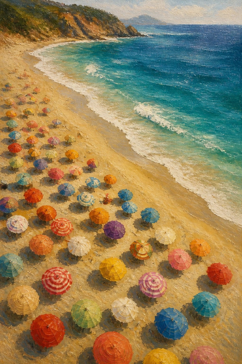 An oil painting of a sandy beach covered with many colorful umbrellas, curving shoreline, turquoise water with white waves, and green cliffs in the distance.