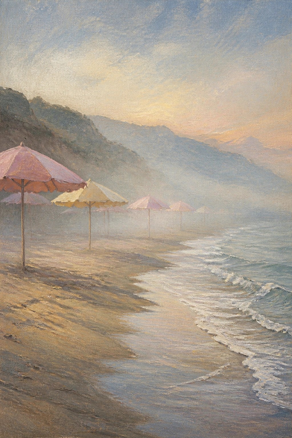 Pink and yellow umbrellas on misty beach with waves and hazy mountains at dawn