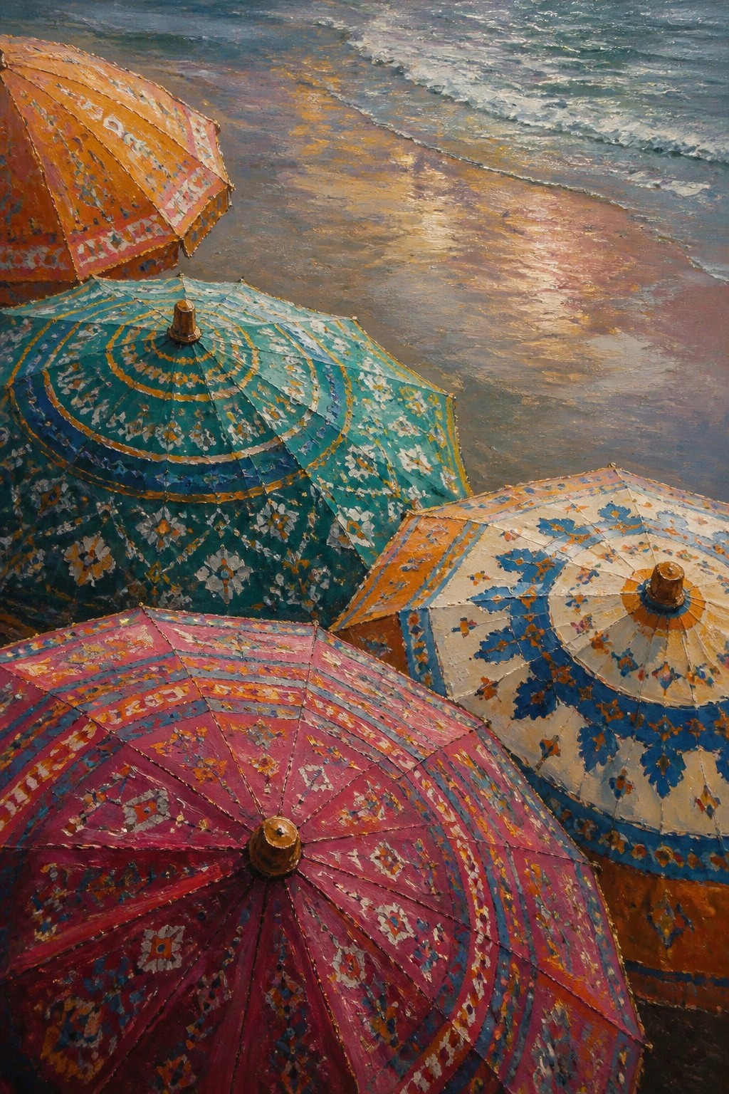 Colorful patterned umbrellas on a sandy beach beside rolling ocean waves
