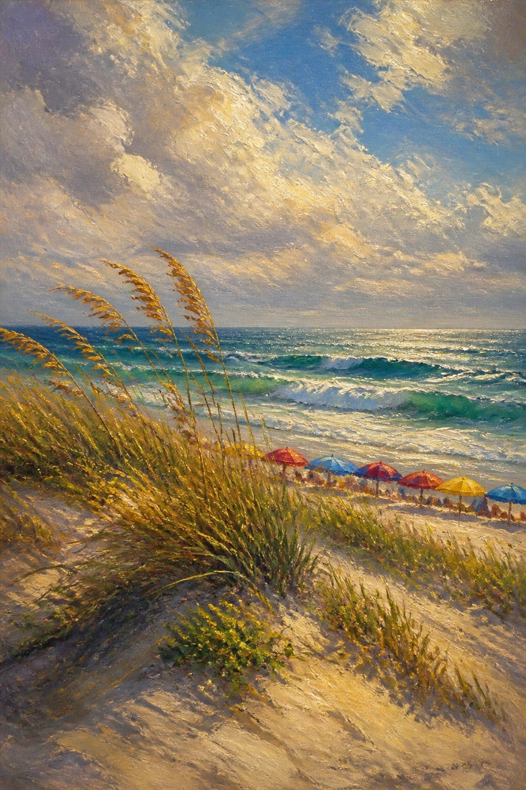 Realistic oil painting of a beach with tall golden grass on sand dunes, colorful umbrellas on the shore, rolling waves, and a bright cloudy sky.