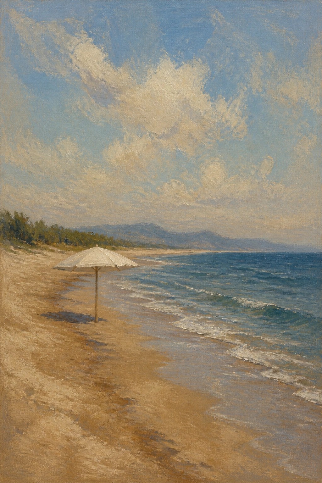 Impressionistic painting of white umbrella on sandy beach by blue ocean with waves and mountains