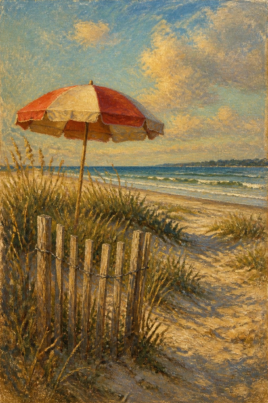 Red and white striped umbrella on sandy beach near wooden fence overlooking ocean waves
