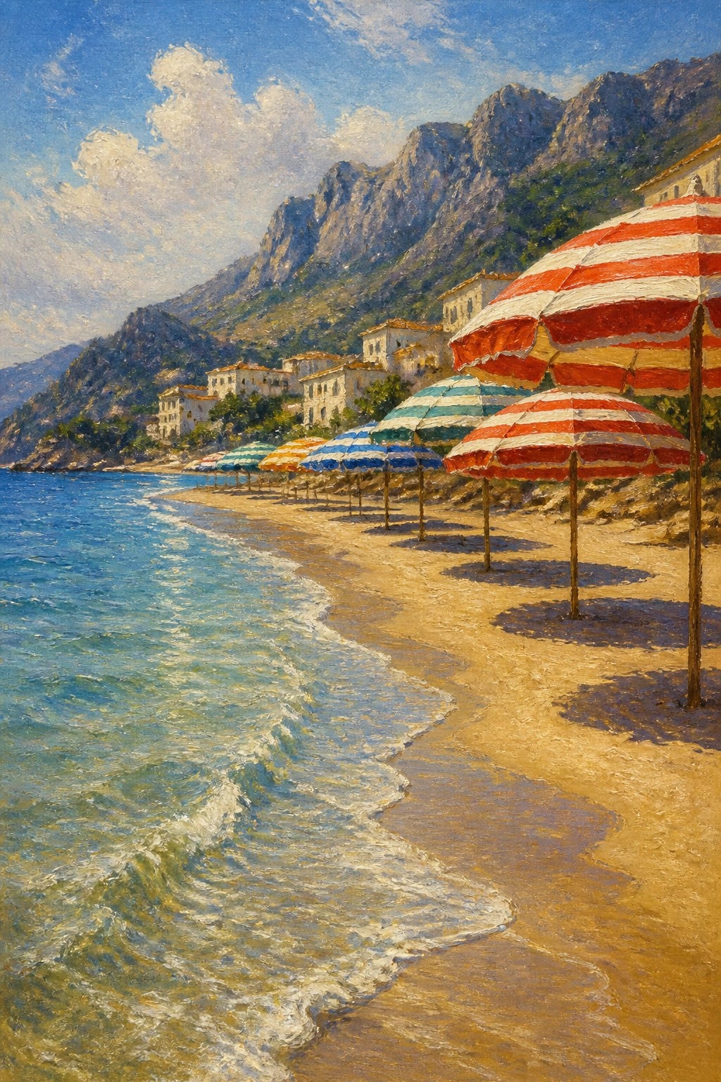 An oil painting of a sunny beach with several red and white striped umbrellas on the sand, gentle waves along the shore, and mountains rising behind scattered buildings.