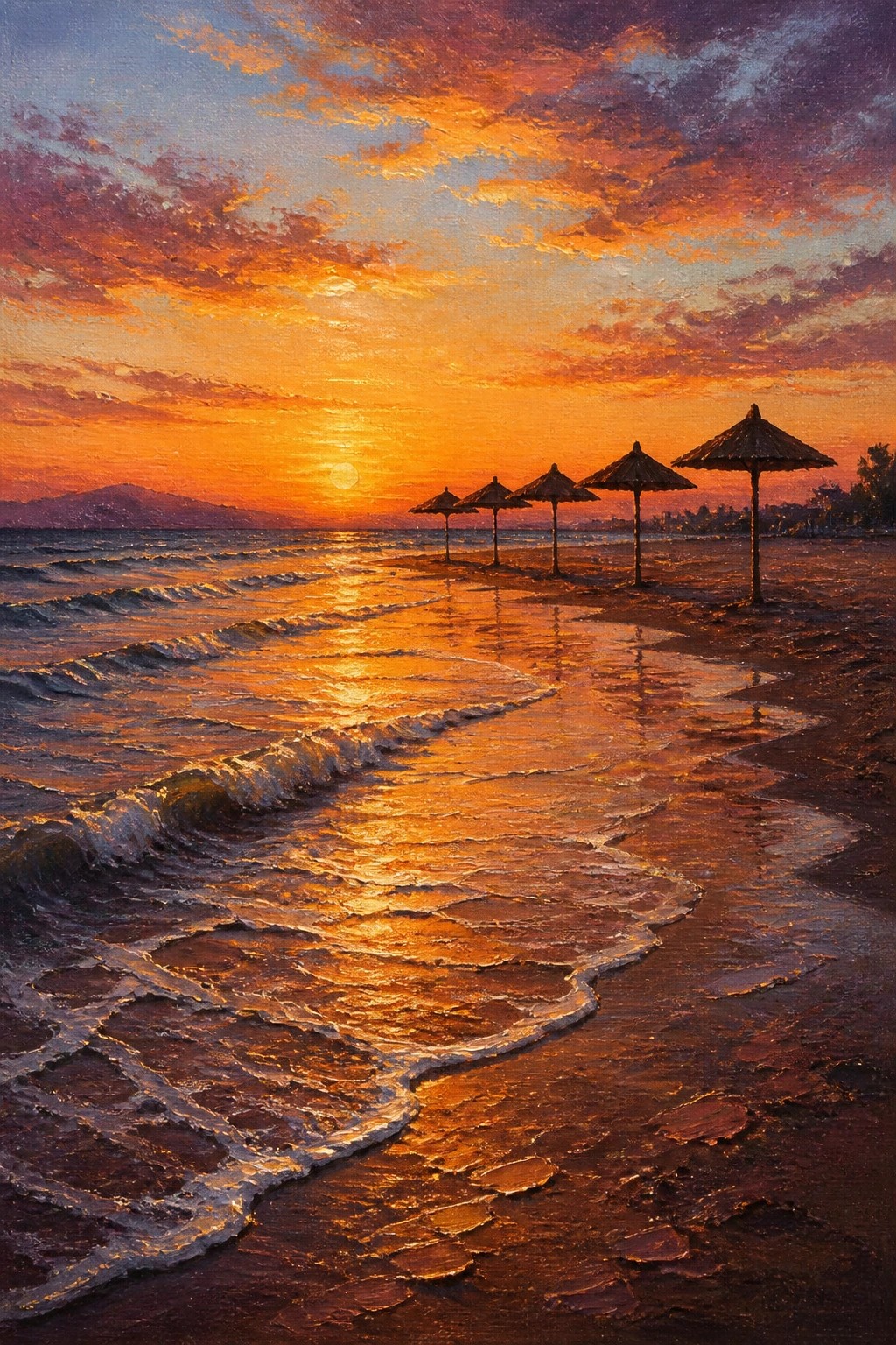 Sunset beach painting with thatched umbrellas, golden waves, and vibrant orange-purple sky.