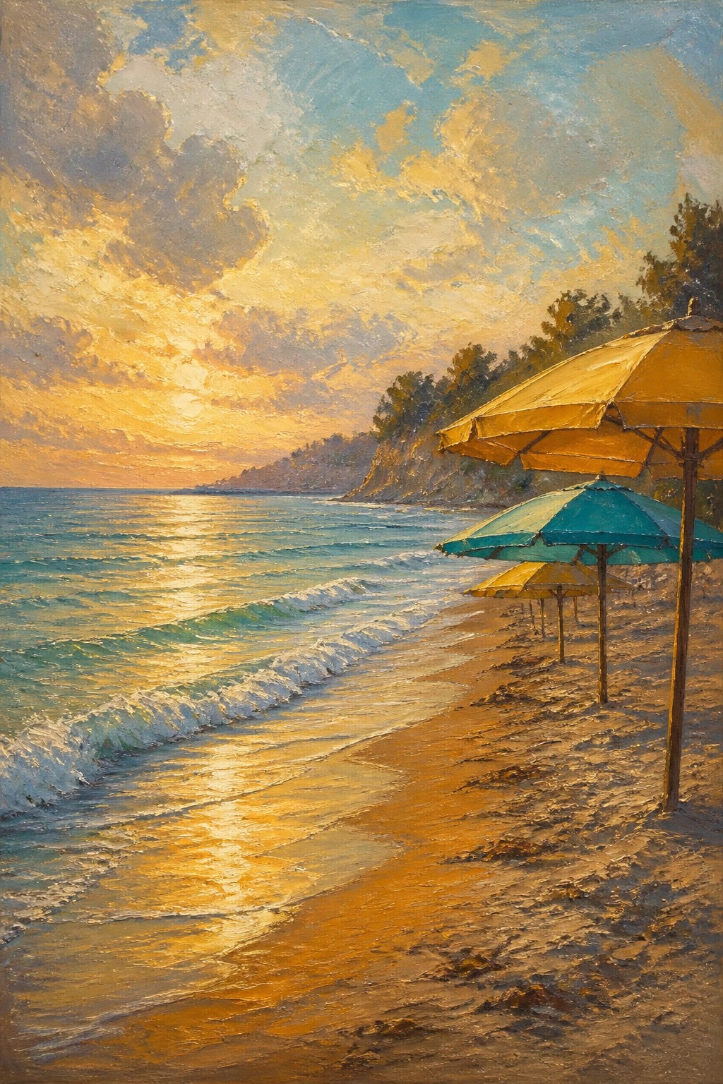 A realistic oil painting of a beach at sunset with waves on the sand, golden light reflections on the water, and yellow and teal umbrellas near a tree-lined cliff.