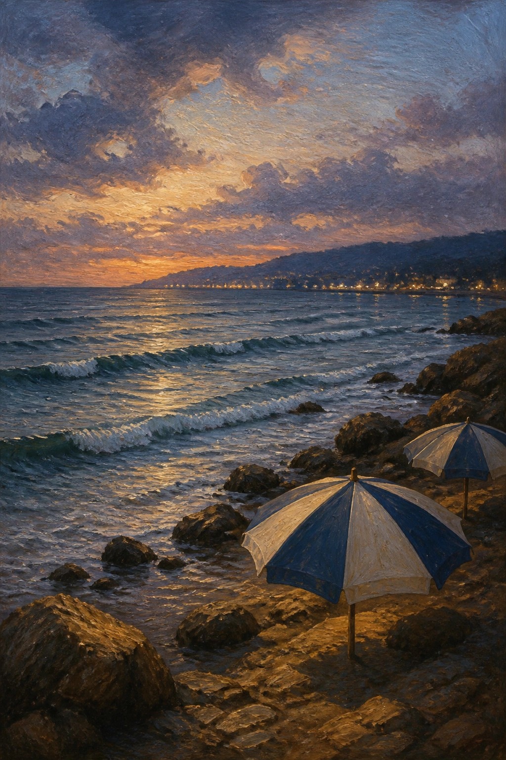 Sunset over rocky shore with blue-white striped umbrellas, ocean waves, and glowing horizon.