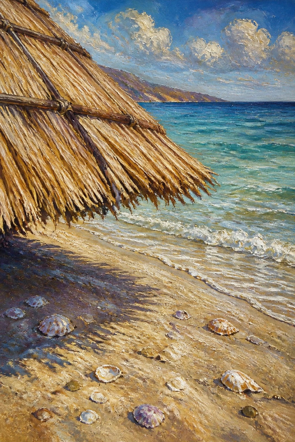 Thatched roof on sandy beach with seashells, turquoise waves, and distant mountains