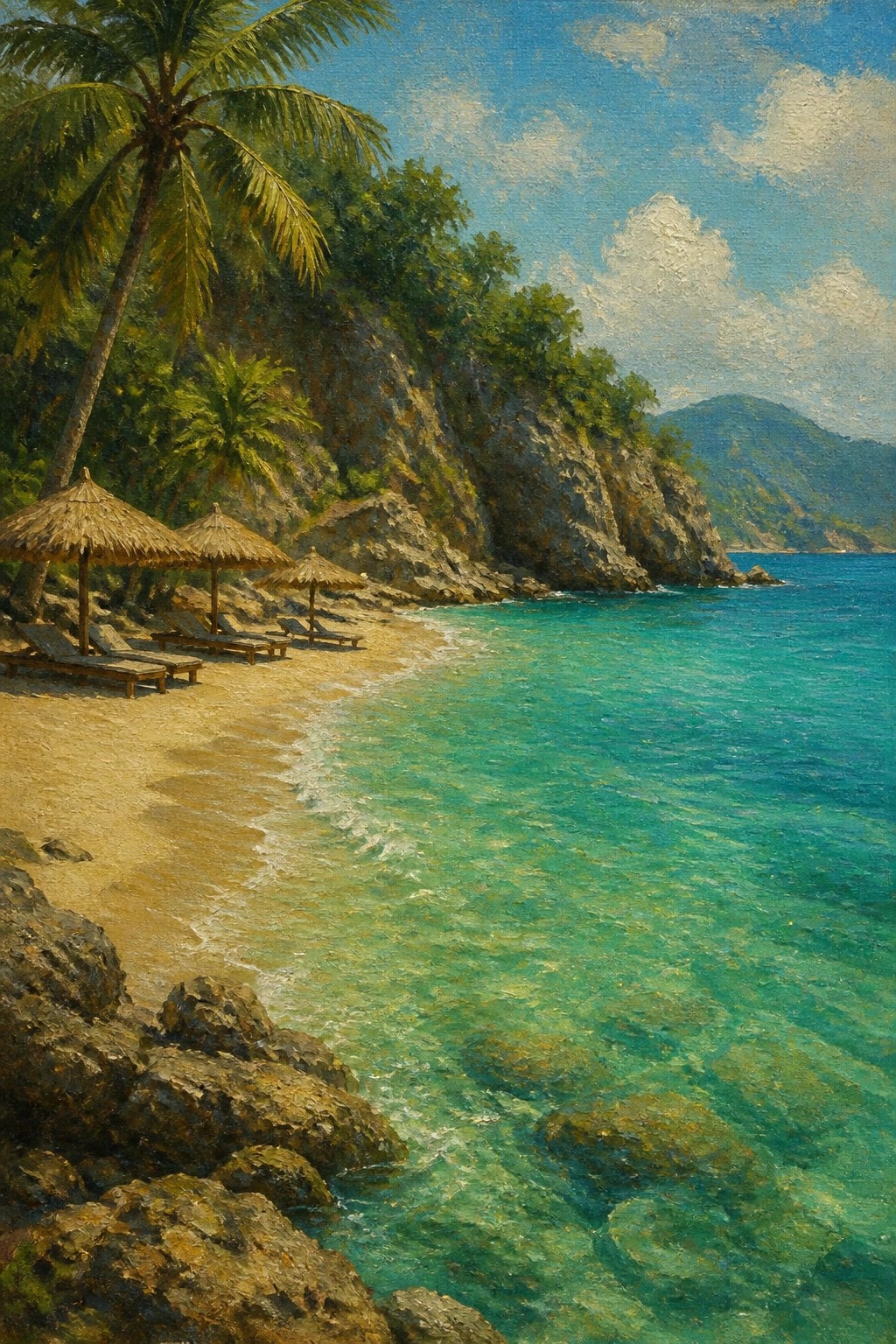 An oil painting shows a tropical beach with palm trees, thatched umbrellas, lounge chairs, rocky cliffs, and turquoise water under a blue sky.