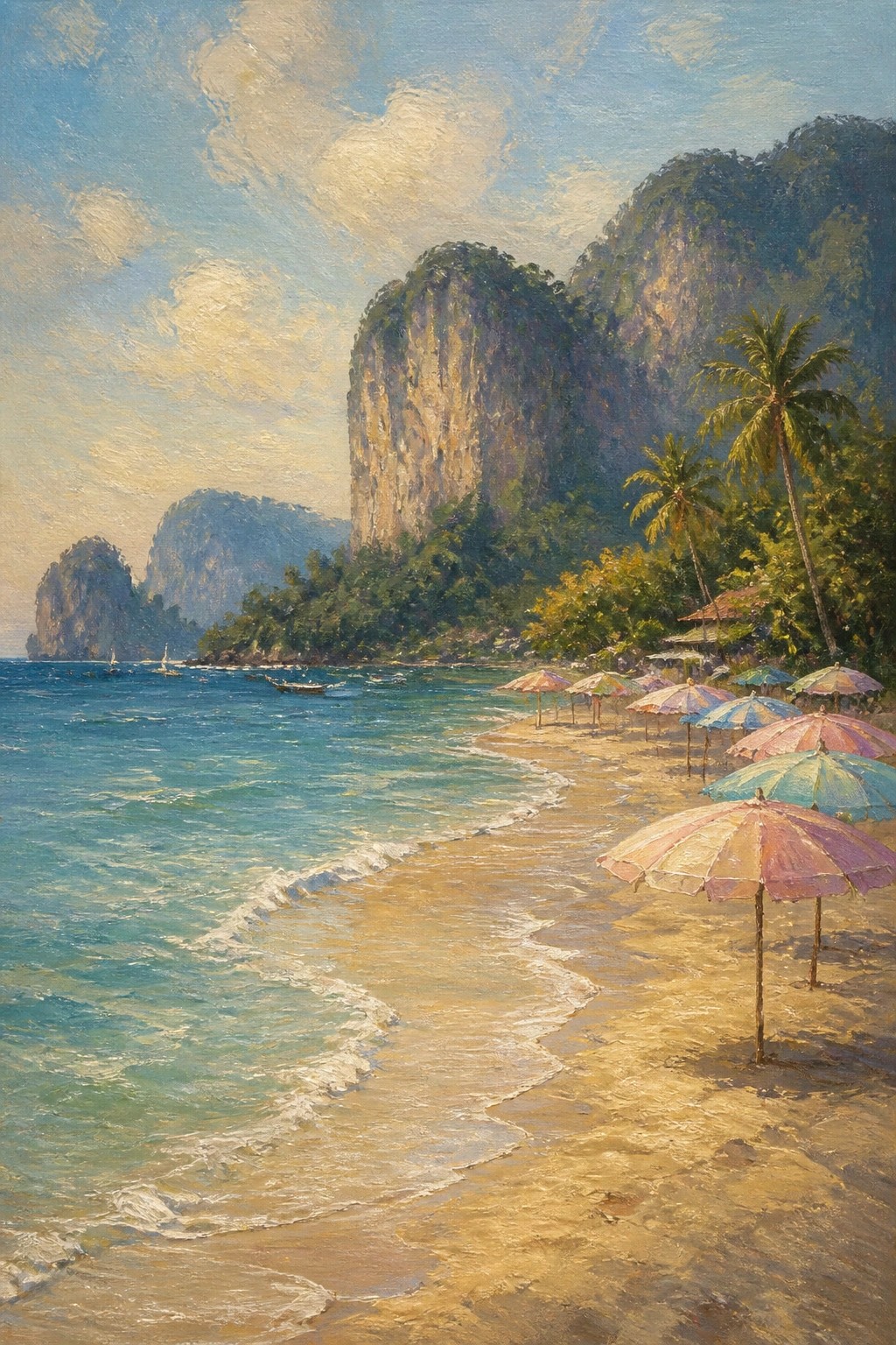 Colorful umbrellas line a sunny tropical beach with turquoise waves and green mountains.