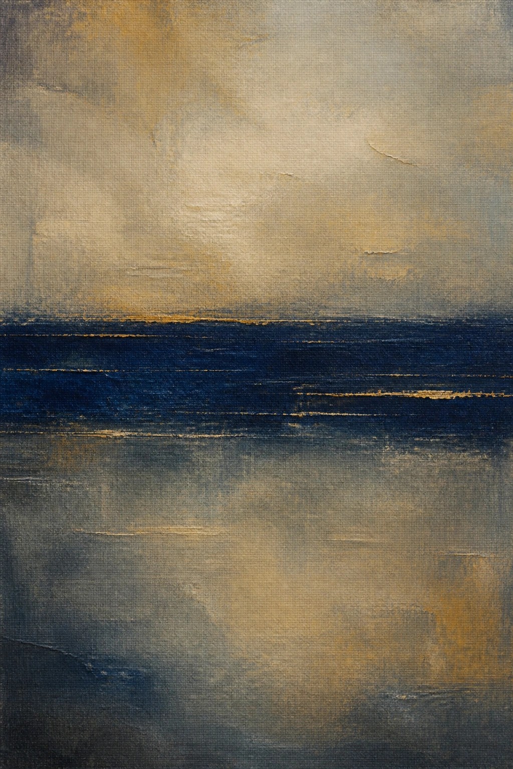 Abstract painting of deep blue sea with misty gold horizon and textured sky