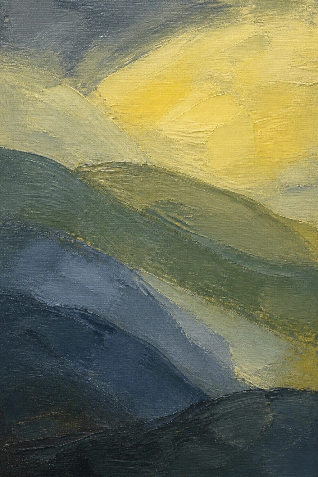 An oil painting with textured brushstrokes showing dark blue and green hills beneath a bright yellow and gray sky.