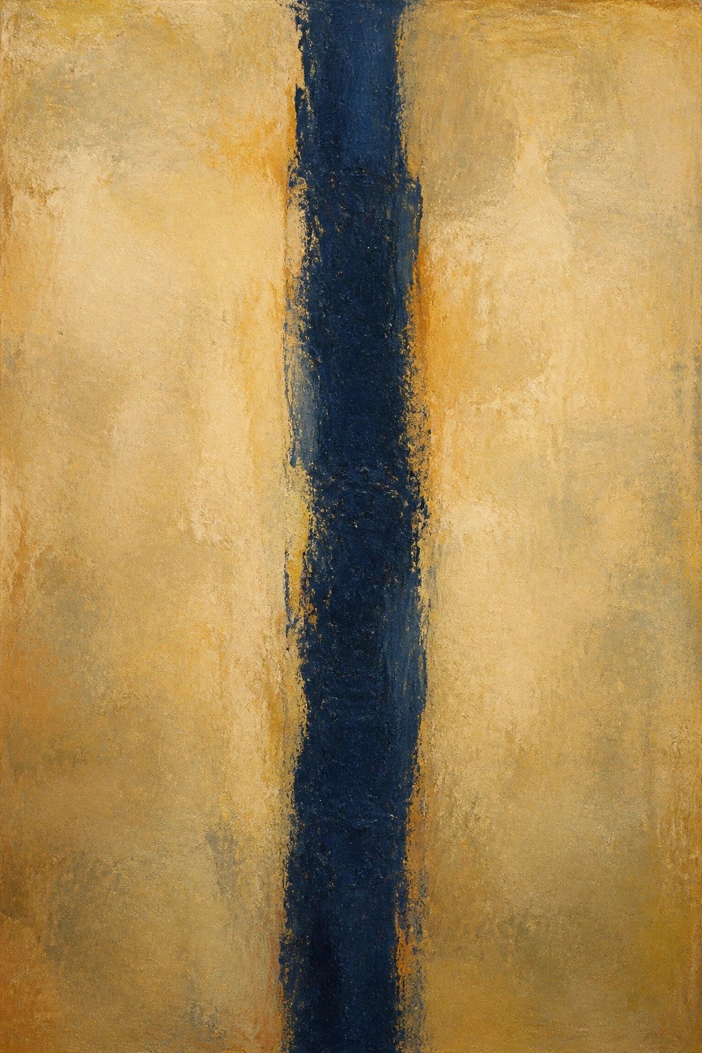 Abstract painting with central dark blue vertical stripe on textured golden-yellow background.