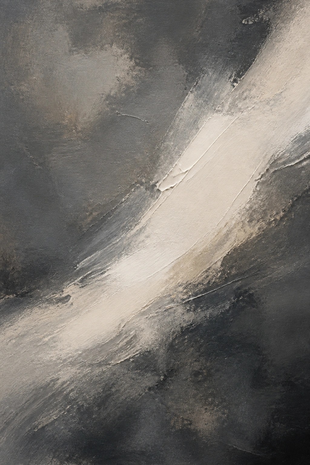 Abstract painting with thick white strokes on dark gray textured canvas