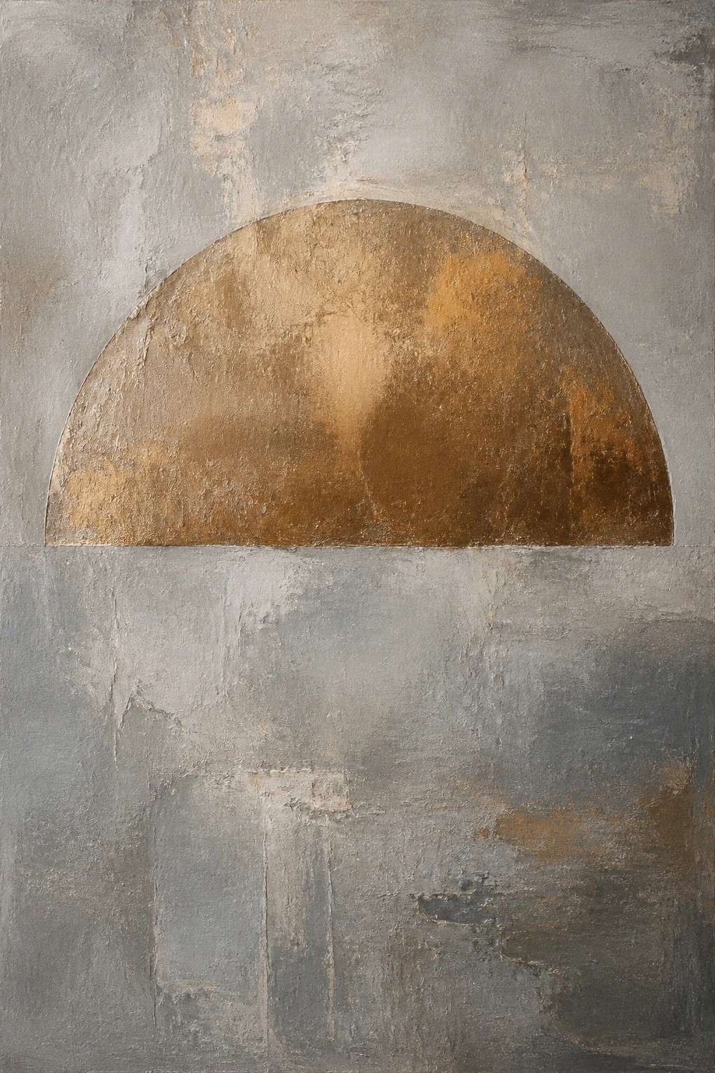 Abstract painting of a large golden semicircle over textured gray surface.