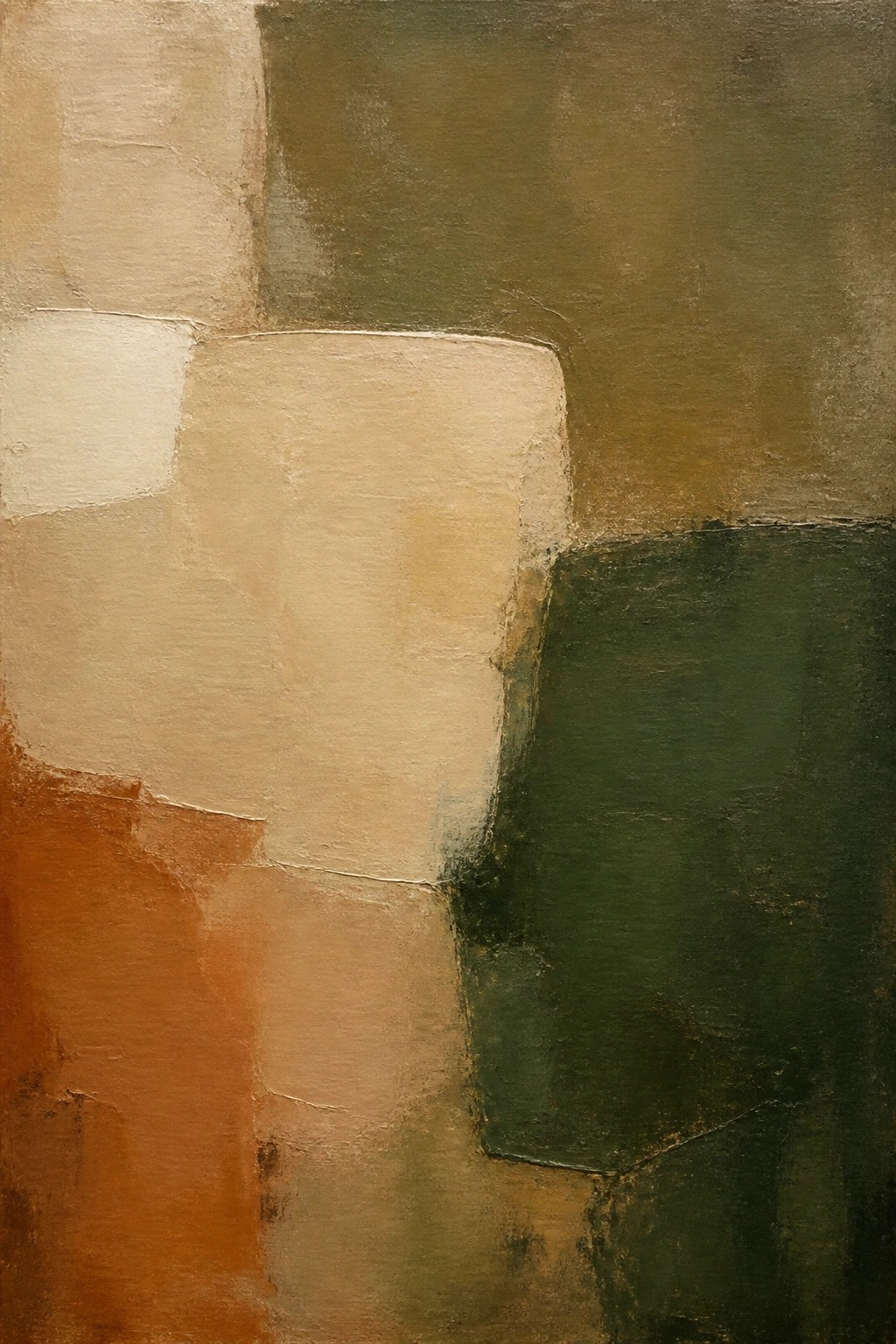 Abstract painting of overlapping rectangles in earthy beige, green, and brown tones.