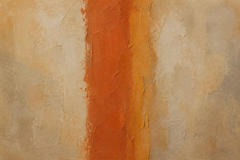 Textured abstract painting with vertical orange, yellow, and beige cracked paint bands