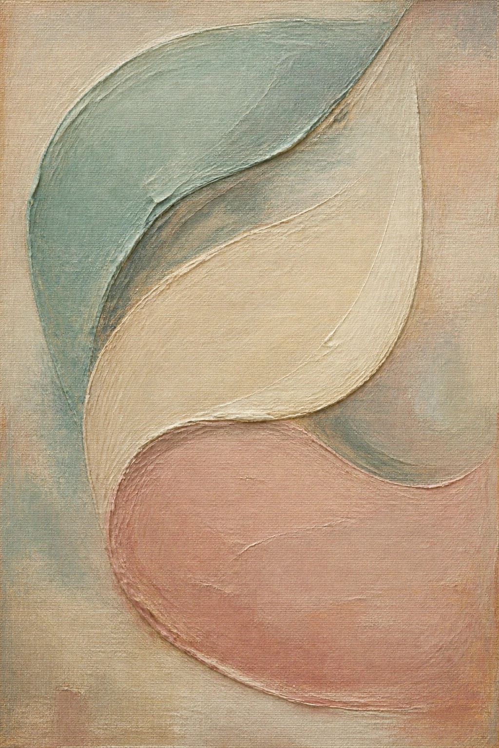 Abstract painting of overlapping curved forms in muted teal, beige, and pink tones