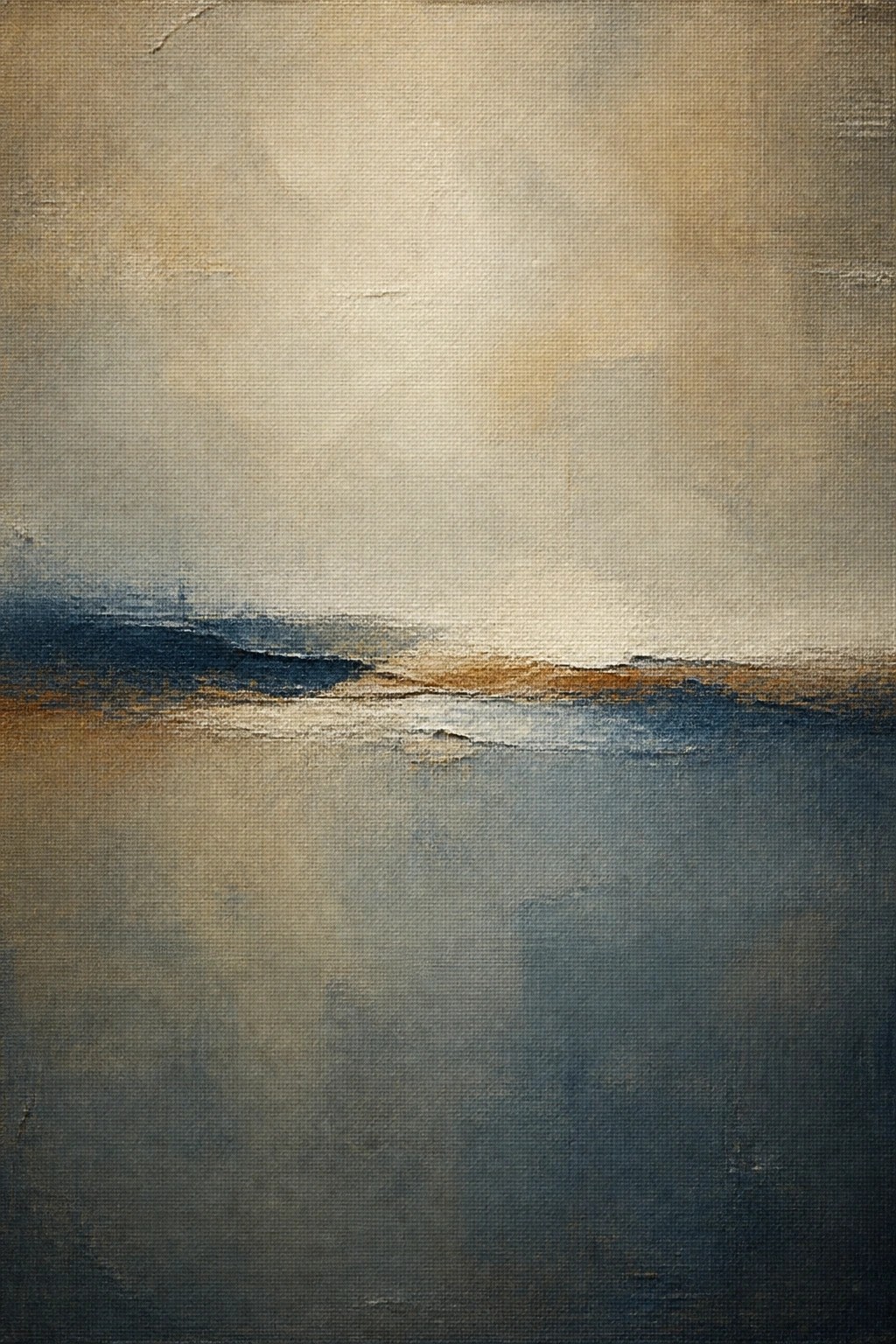 Abstract seascape painting with dark blue waters, glowing horizon, and hazy sky.