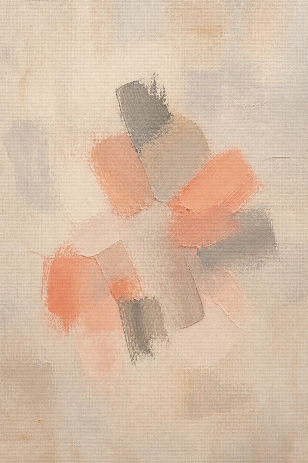 Abstract painting with overlapping peach, coral, and gray brushstrokes on beige canvas.