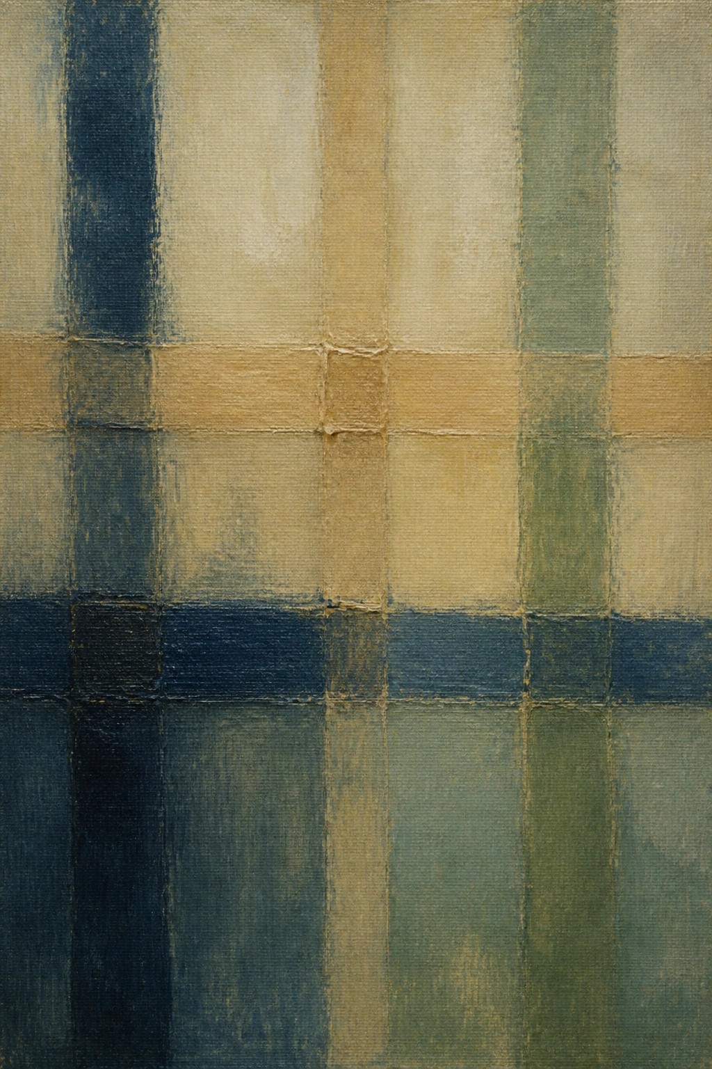 Abstract painting with plaid grid in muted blues, greens, and beige tones.