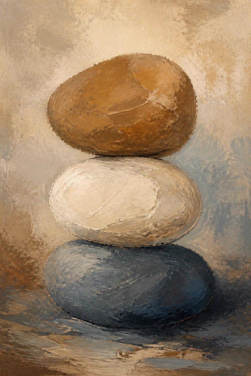 An oil painting of three stacked oval stones in brown, white, and blue against a textured beige background.