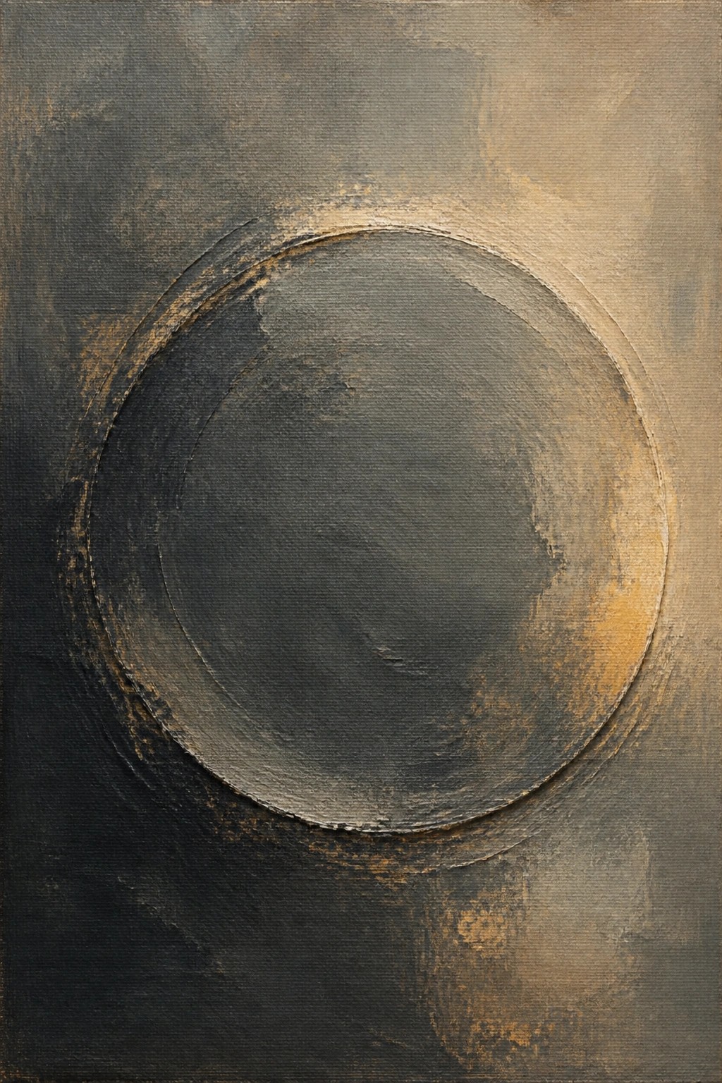 Abstract painting of large textured dark circle with earthy brown and gold tones.