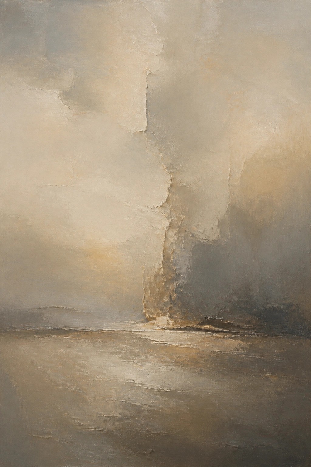 An abstract oil painting in muted grays, beiges, and browns with a tall textured vertical form above a flat horizontal base.