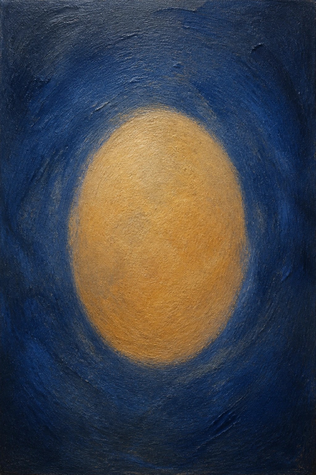 Golden oval centered on swirling dark blue brushstrokes, textured abstract painting.