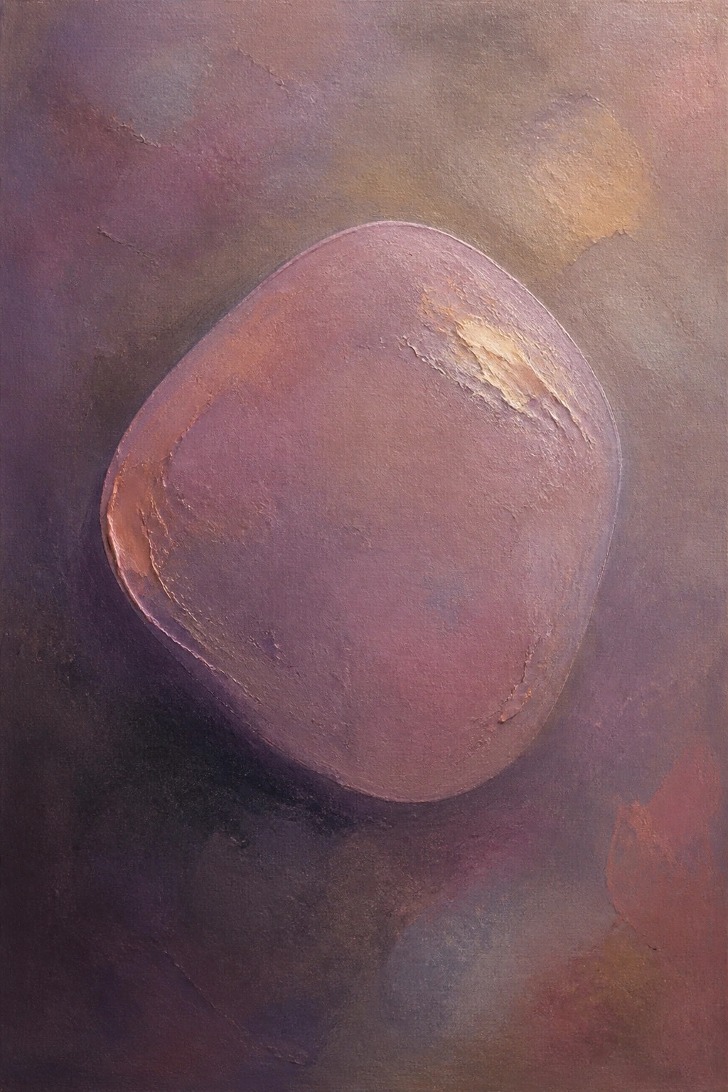 An oil painting of a large rounded textured shape in purple and copper tones against a dark blended background.