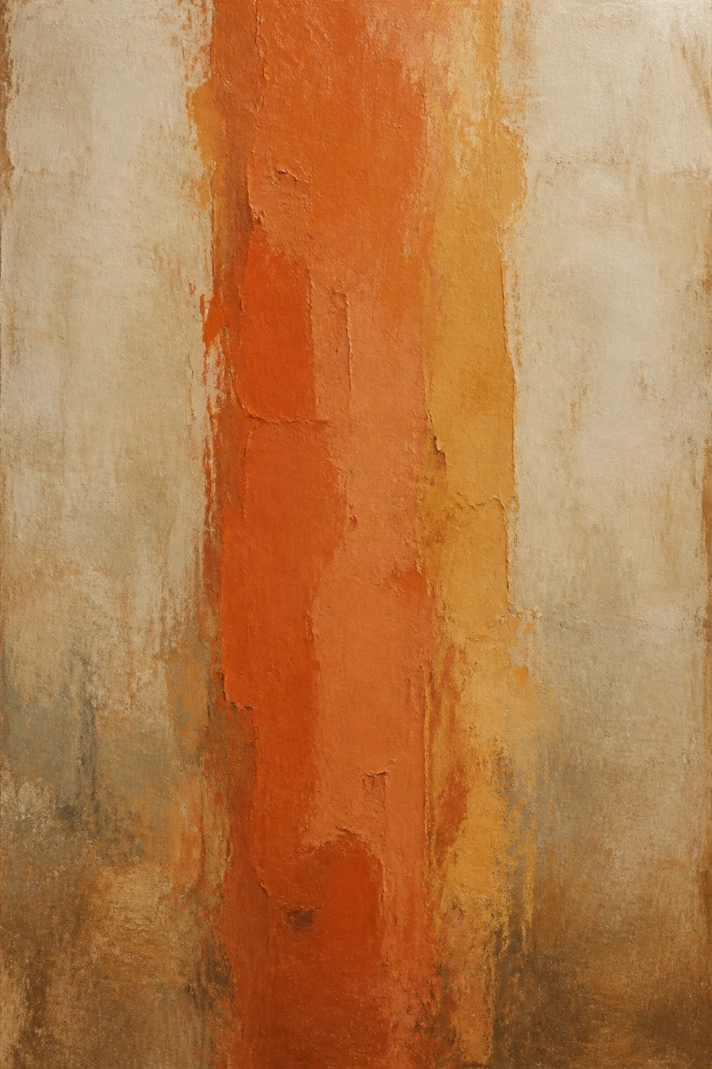 Textured abstract painting with vertical orange, yellow, and beige cracked paint bands
