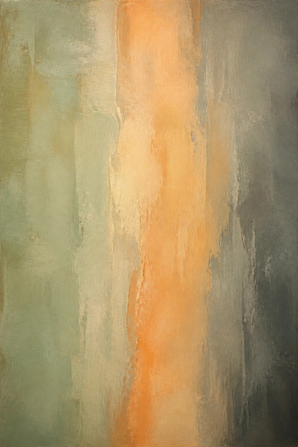 Abstract painting with textured vertical bands of green, orange, and gray.