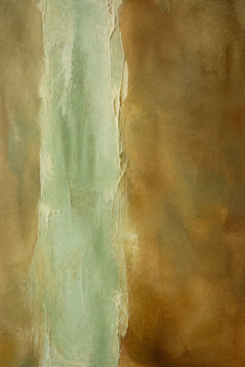 Abstract painting with vertical green band against textured brown and ochre background.