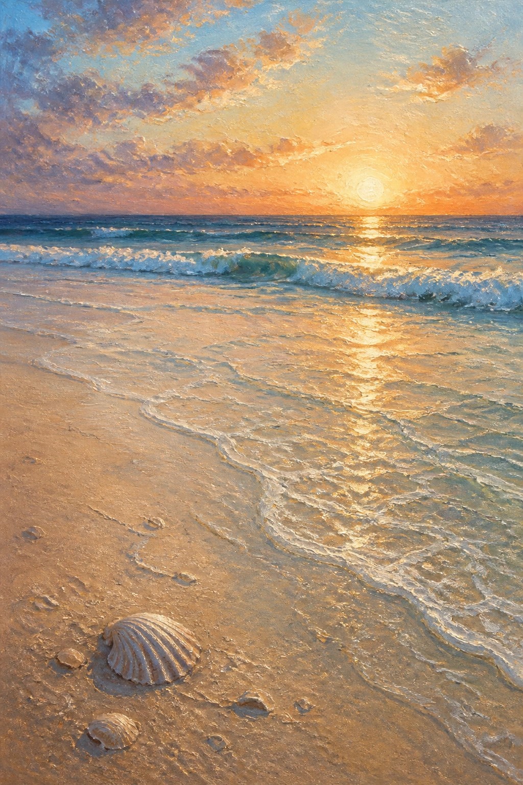 Sunset painting of waves on beach with golden reflections, seashell, and footprints in sand