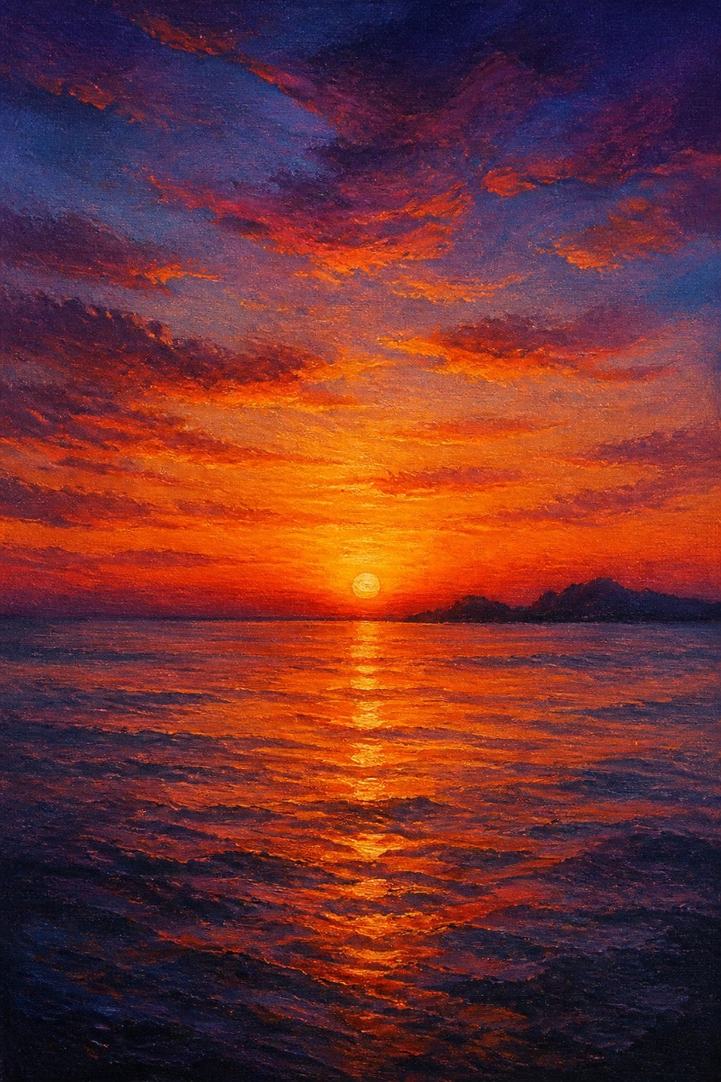 Vivid sunset over ocean with fiery orange sky reflecting on rippling waves and distant hills