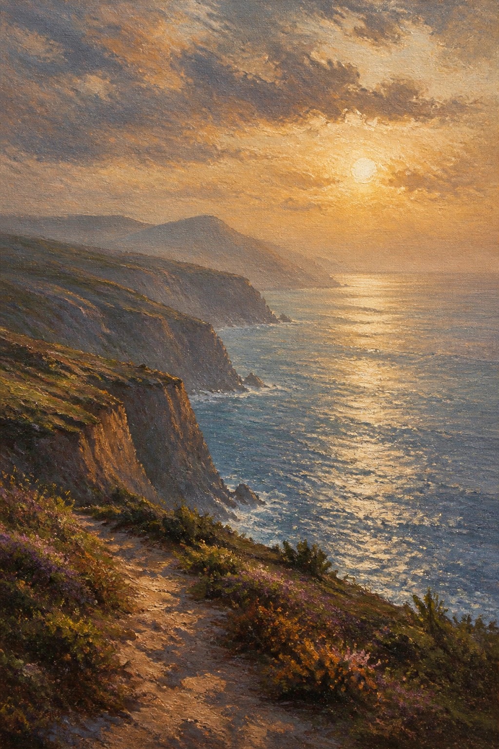 Sunset over rugged cliffs with winding path and wildflowers overlooking golden sea