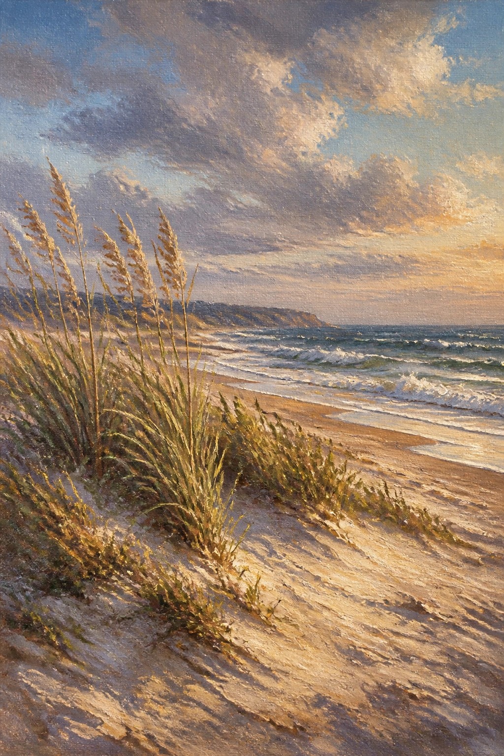 Coastal dunes with tall grasses beside rolling ocean waves under a golden sunset sky.
