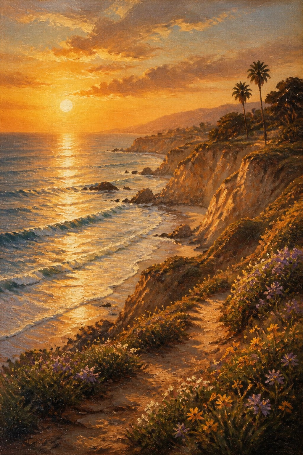 Golden sunset over ocean waves, rocky cliffs with palm trees and wildflowers.