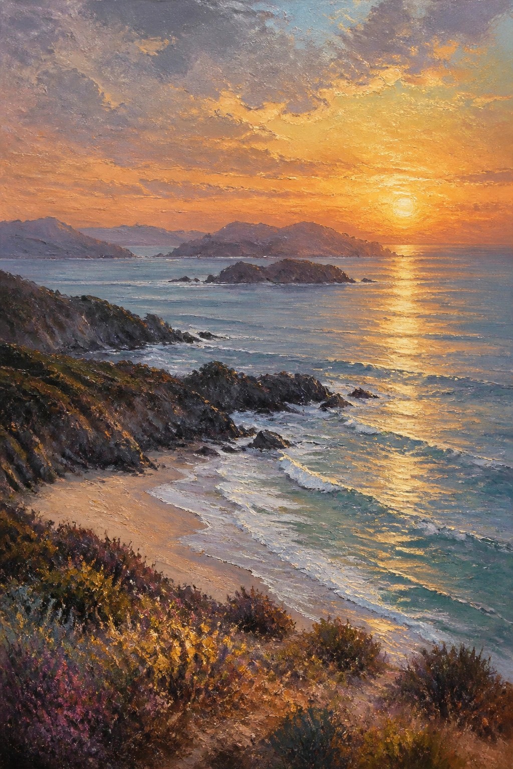 Vibrant sunset painting of golden light on ocean waves near rocky cliffs