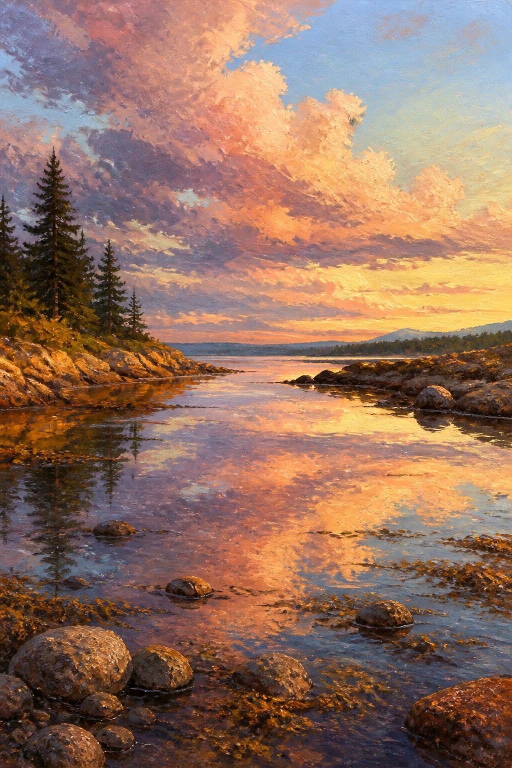 Sunset landscape with vibrant clouds reflecting on calm water amid rocky shores and pines
