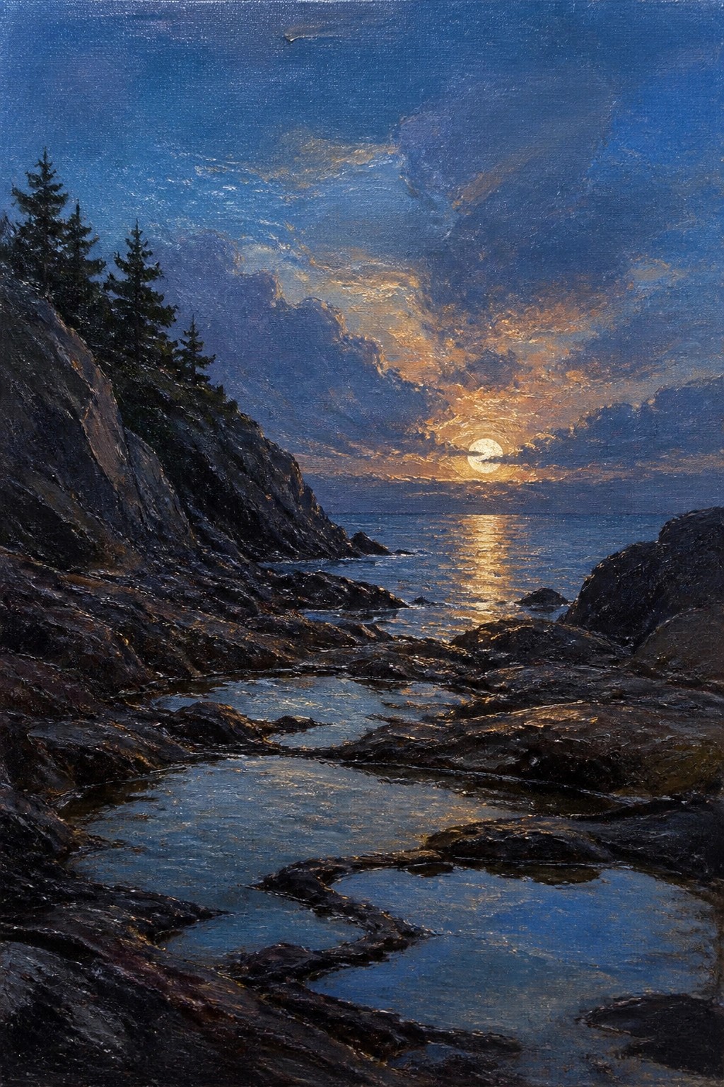 Sunset over rocky coastline with reflective tide pools, cliffs, and pine trees
