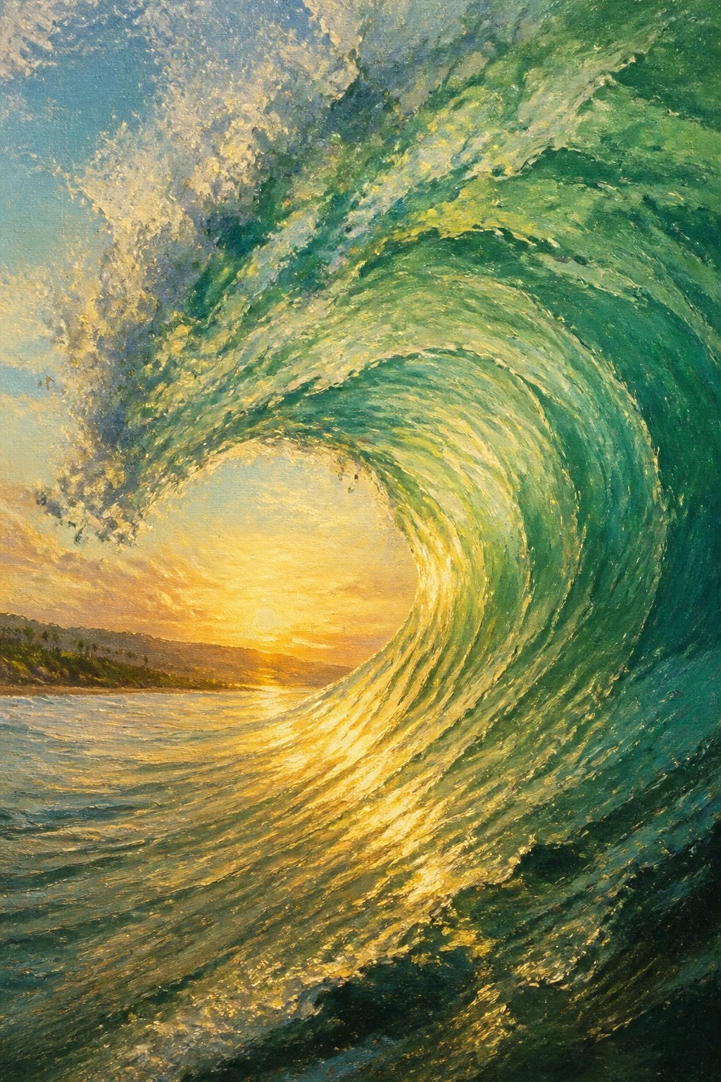 Large curling wave glows with golden sunlight over sunset ocean horizon.